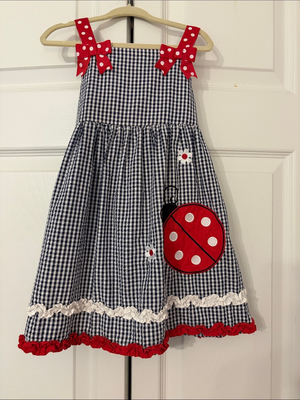 Ladybug & Flowers Emily Rose Navy Gingham Dress With Polka Dot Bows 3T
